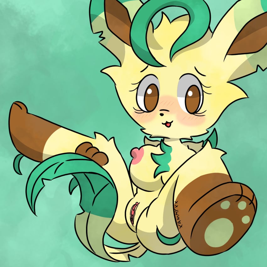 1:1 2025 3_fingers anthro ass blush breasts brown_body brown_eyes brown_fur digital_media_(artwork) eeveelution female fingers fur generation_4_pokemon genitals green_background green_body green_fur hi_res leafeon looking_at_viewer nintendo nipples nude nude_anthro nude_female paws pokemon pokemon_(species) pussy simple_background solo tuft watermark xammyxx yellow_body yellow_fur