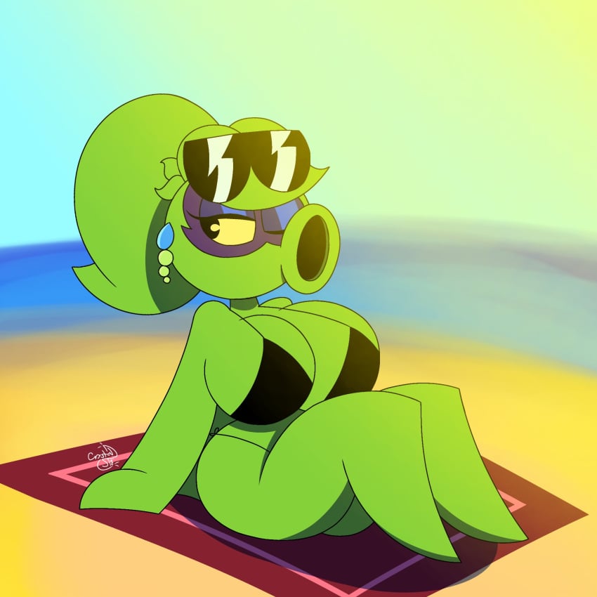 1girls beach bikini breasts bubble_butt crystalstic earrings female female_only green_shadow_(pvz) green_skin huge_breasts mask peashooter_(pvz) plant plant_girl plantie plants_vs_zombies plants_vs_zombies:_heroes popcap_games pvz sitting sitting_on_towel sunglasses sunglasses_on_head tagme wink