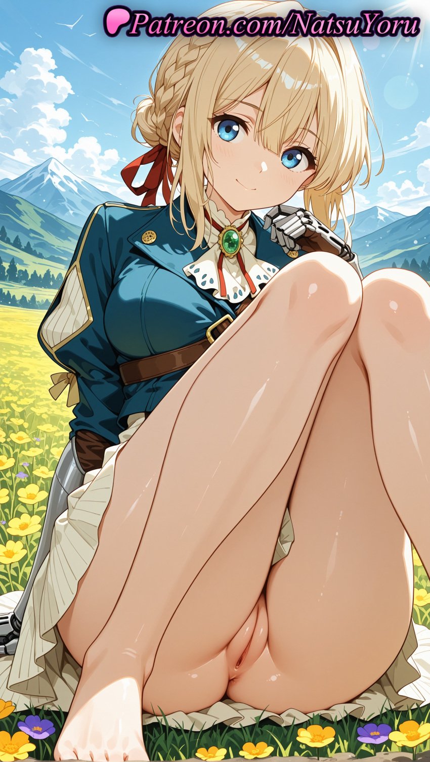 1girls 2025 ai ai_assisted ai_generated anime anime_style anus arm_support ascot asian ass asshole bangs bare_legs barefoot blonde_hair blue_eyes blue_jacket blue_sky blush bolo_tie bottomless braid braided_bun breasts brooch bust busty cleft_of_venus closed_mouth clothing cloud day dress feet female female_focus female_only female_solo field flower flower_field flowers foot_fetish foot_out_of_frame french_braid gauntlets gem gloves grass green_gemstone hair_between_eyes hair_bun hair_intakes hair_ribbon hand_up hentai hi_res high_quality high_resolution highres jacket jewelry juicy_butt juliet_sleeves knees_together_feet_apart knees_up labia labia_majora large_breasts legs long_sleeves looking_at_viewer mechanical_arms medium_breasts medium_hair mountain mountainous_horizon natsuyoru nature no_panties nopan outdoors paipan patreon plant prosthesis puffy_sleeves purple_flower pussy red_ribbon ribbon shirt short_hair sitting skirt sky smile solo solo_female stable_diffusion thighs toenails toes uncensored vagina violet_evergarden violet_evergarden_(character) voluptuous voluptuous_female white_skirt yellow_flower