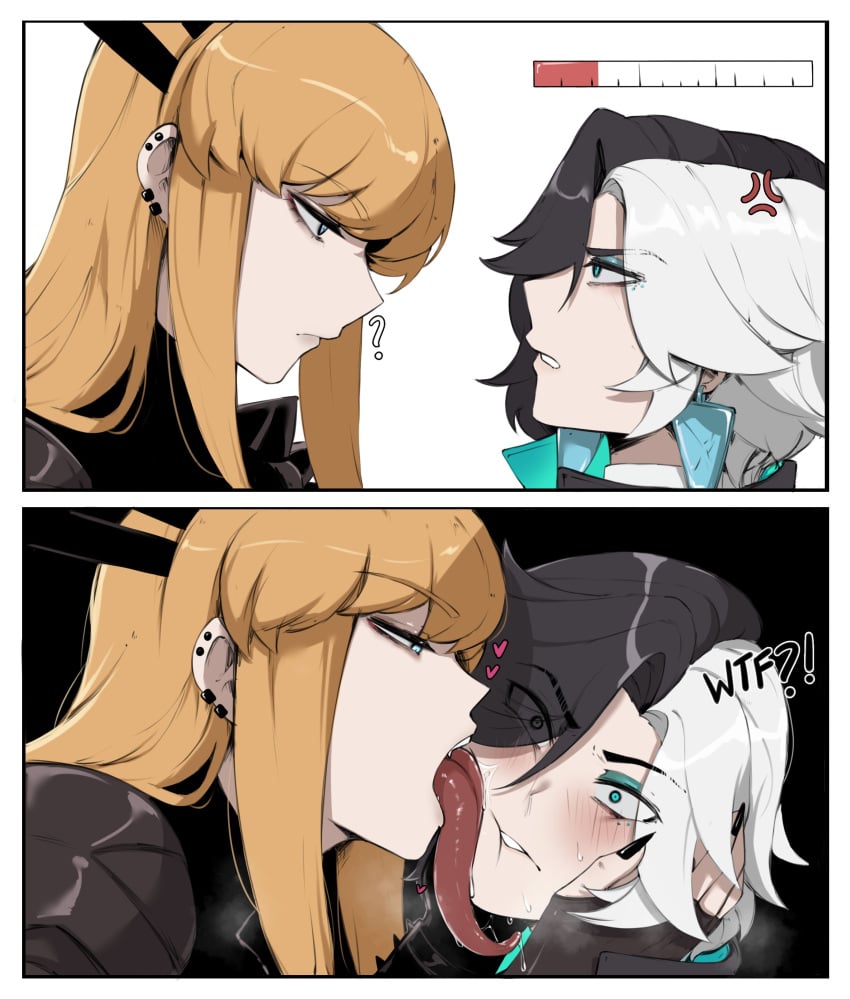 !? 2girls ? absurdres angry black_gloves black_hair black_nails blonde_hair blue_eyes blush earclip earrings eye_contact fingernails gloves half-closed_eyes hand_on_another's_cheek hand_on_another's_face heart heterochromia highres jewelry licking long_hair long_tongue looking_at_another luna_snow luna_snow_(marvel_rivals) magik_(illyana_rasputin) magik_(marvel_rivals) magik_(x-men) marvel marvel_rivals masoq multicolored_hair multiple_girls nail_polish open_mouth saliva sharp_fingernails short_hair split-color_hair stud_earrings surprised sweat tongue tongue_out two-tone_hair white_hair x-men yuri