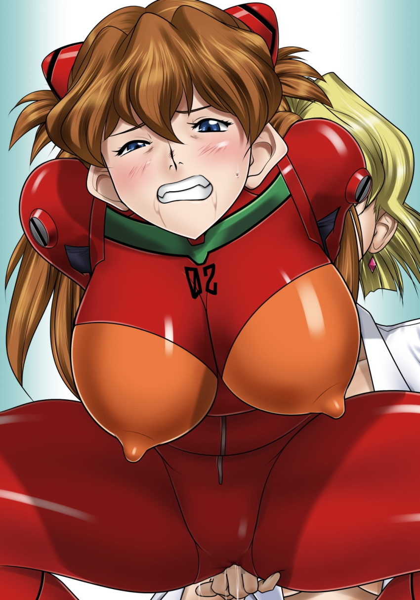 2girls arms_behind_back asuka_langley_sohryu big_breasts blonde_hair blue_eyes blush bodysuit breasts brown_hair censored clenched_teeth clothing curvy earrings erect_nipples erect_nipples_under_clothes female fingering gainax highres hikawadou human labcoat large_breasts legs light-skinned_female light_skin long_hair looking_at_viewer multiple_girls neon_genesis_evangelion pilot_suit plugsuit pussy_juice ritsuko_akagi simple_background solo_focus sweat thick_thighs thighs voluptuous wet wide_hips yuri