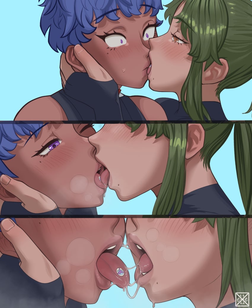 2girls 3koma art_trade blue_background blue_hair blush borrowed_character brown_eyes brown_lips close-up comic constricted_pupils dark-skinned_female dark_skin drugging drugs elbow_gloves kissing licking_tongue making_out mole mole_under_eye mole_under_mouth pokemon pokemon_oc purple_eyes saliva surprise_kiss surprised tongue tongue_to_tongue violet_(x_elle) x_e11e yuri zoraida_(nyantcha)