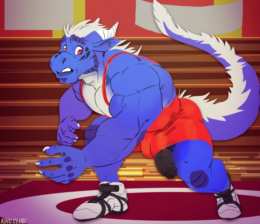 1boy accidental_exposure akuro anthro dragon erection jock kihu male male_only muscular oops penis singlet solo spandex wrestler wrestling_singlet