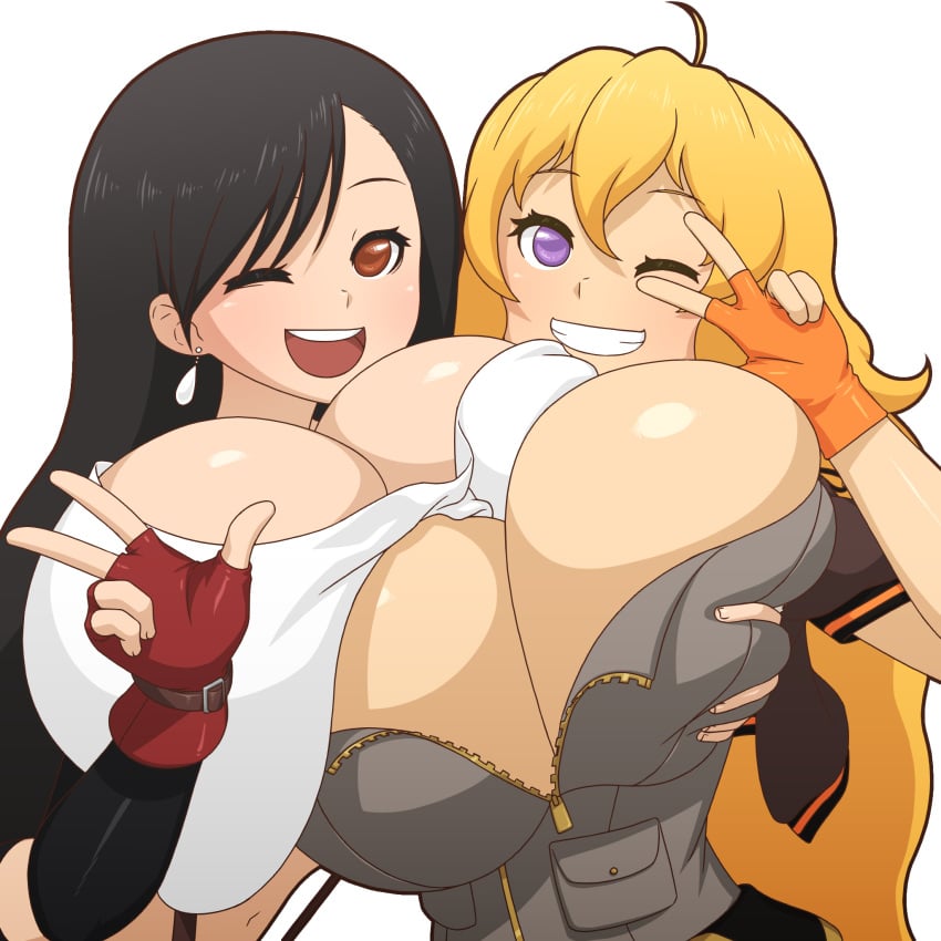 2girls big_breasts black_hair black_hair_female blonde_female blonde_hair breasts cleavage cleavage_overflow clothed_female crossover final_fantasy_vii final_fantasy_vii_remake long_hair long_hair_female manyakis purple_eyes red_eyes rwby smiling tifa_lockhart winking yang_xiao_long