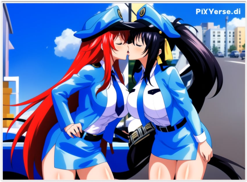 2girls ai_generated akeno_himejima flirting girl_on_girl high_school_dxd kissing lesbian_couple lesbian_domination lesbian_kiss lovers policewoman rias_gremory yuri yuri yuri