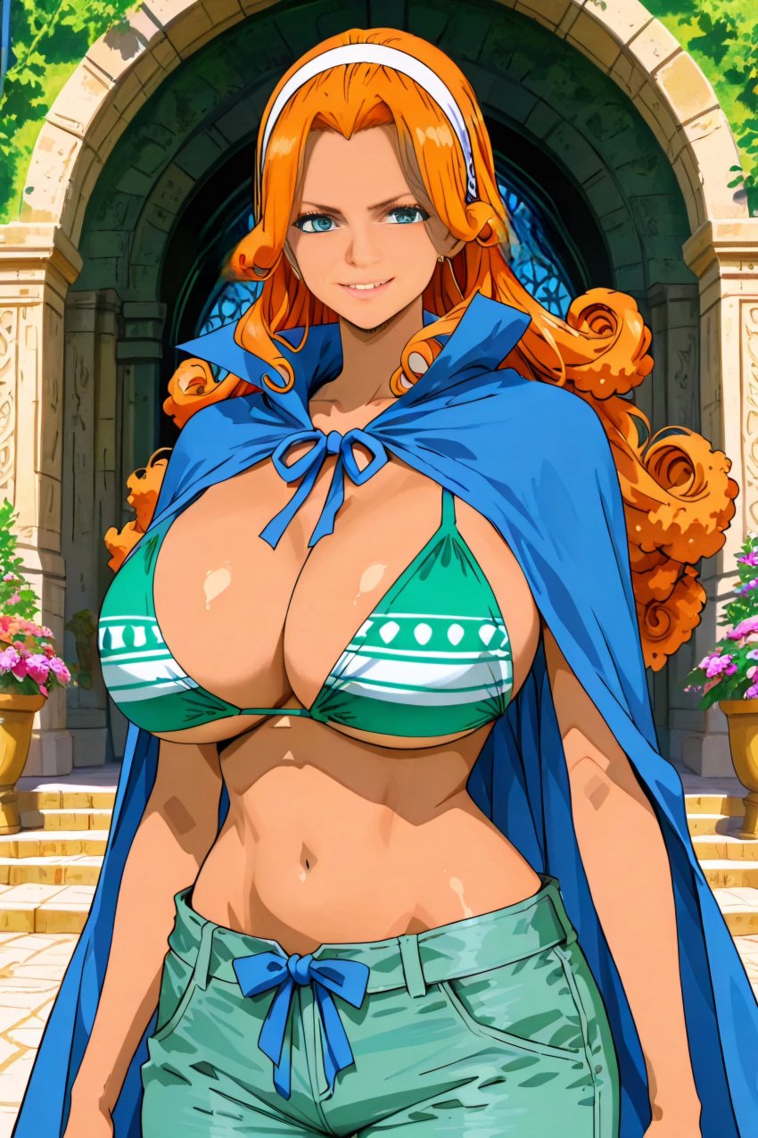 1woman 2025 ai_generated bakunyuu beautiful beautiful_woman bikini bikini_top blue_cape bra breasts brown_skin cape clothing curly_hair curvy curvy_body curvy_female curvy_milf curvy_woman female female_only green_and_white green_and_white_bra huge_breasts human humanization humanized jeans latina le_style_anon long_hair long_pants looking_at_viewer milf mink_tribe minkmen_(one_piece) one_piece orange_hair thick_thighs wanda_(one_piece)