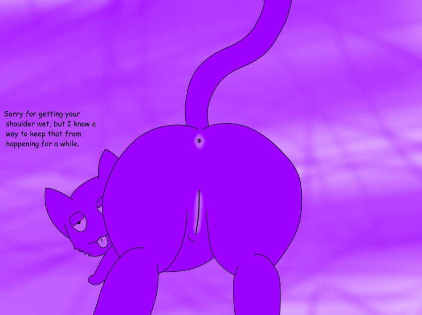 absurd_res anus ass ass_up digital_media_(artwork) domestic_cat felid feline felis female feral fur genitals hi_res laser_wolf looking_back lying mammal nude on_front paws presenting purple_body purple_eyes purple_tongue pussy raised_tail simple_background solo tail text tongue tongue_out