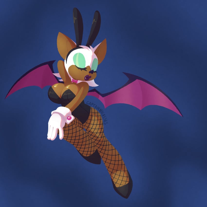 bat bat_nose bat_wings big_breasts blue_background bowtie bunnysuit dark-skinned_female eyeshadow lipstick rouge_the_bat sfw sonic_(series) sonic_the_hedgehog_(series) thick_thighs