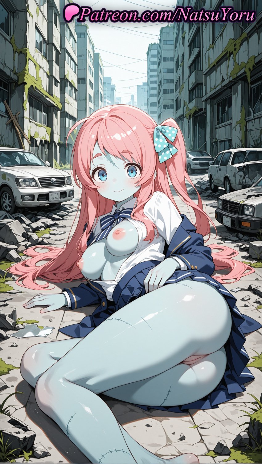 1girls 2025 ahoge ai ai_assisted ai_generated anime anime_style anus ass asshole bangs barefoot blazer blouse blue_bow blue_bowtie blue_eyes blue_jacket blue_skin blue_skirt blush bow bowtie breasts breasts_out broken_window building bust busty car city cleft_of_venus closed_mouth clothes_lift collared_shirt colored_skin cover cover_page day doujin_cover dress_shirt feet feet_out_of_frame female female_focus female_only foot_fetish foot_out_of_frame giantess grey_skin ground_vehicle hair_ribbon hairbow hentai hi_res high_quality high_resolution highres jacket juicy_butt large_breasts legs long_hair long_sleeves looking_at_viewer lying medium_breasts minamoto_sakura miniskirt motor_vehicle natsuyoru nipples nipples_outside no_bra no_panties off_shoulder on_ground on_side on_vehicle one_side_up open_clothes open_jacket open_shirt oshiri outdoors paipan partially_unbuttoned patreon pink_hair pleated_skirt polka_dot polka_dot_bow pussy pussy_juice red_hair ribbon ruins scar scar_on_face scar_on_forehead school_uniform shirt side_ponytail skirt sky smile soles solo solo_female stable_diffusion striped_bow thighs toes unbuttoned uncensored uncensored_nipples vagina voluptuous voluptuous_female white_shirt zombie zombie_land_saga