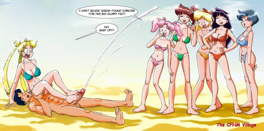 1boy 6+girls 6girls ami_mizuno beach bikini bishoujo_senshi_sailor_moon bow chibi_usa cum cumming ejaculation erection female femdom footjob human humiliation makoto_kino male mamoru_chiba medium_breasts minako_aino multiple_females multiple_girls nude nude_male outercourse penis rei_hino sirkowski small_breasts speech_bubble swimsuit uncensored usagi_tsukino