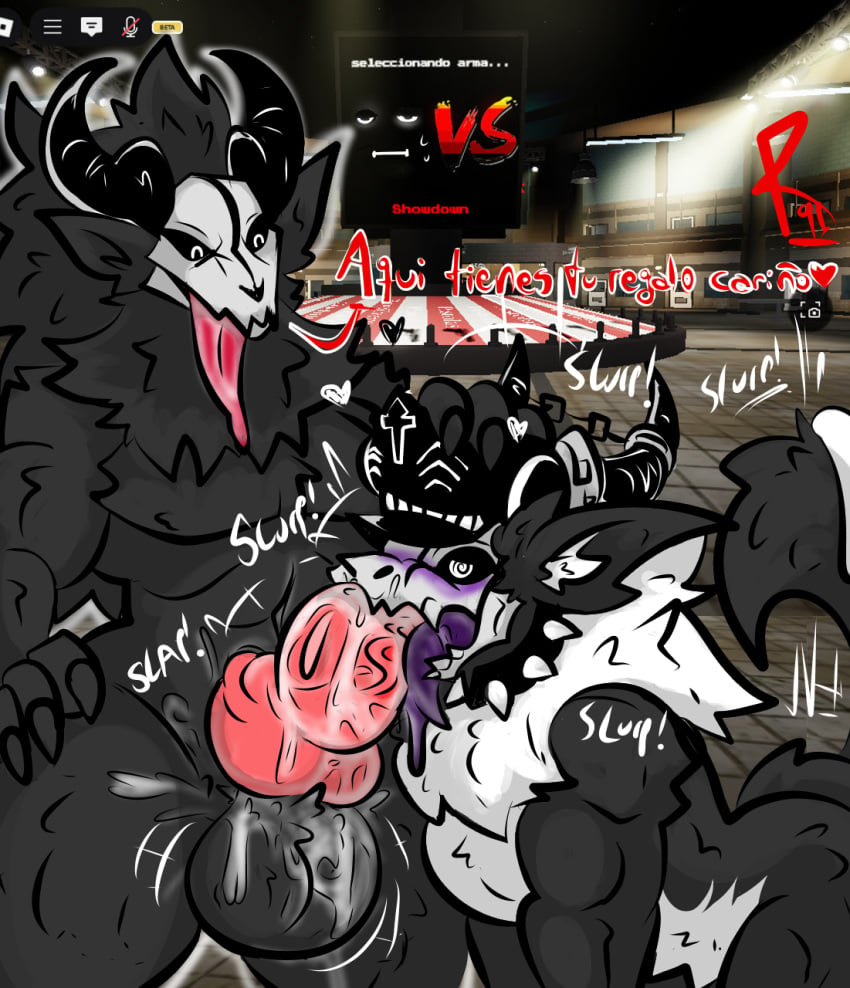 3d_background anthro balls big_balls big_penis black_body bodily_fluids bone canid canine canis cum cum_inside death_penalty_(roblox) duo furry furry_only genital_fluids genitals heart_symbol hi_res knot male male/male mammal moan monster oral oral_penetration penetration penis roblox roblox_background roblox_game roder_vasquez skull skull_head source_request spanish_text tongue tongue_out wolf