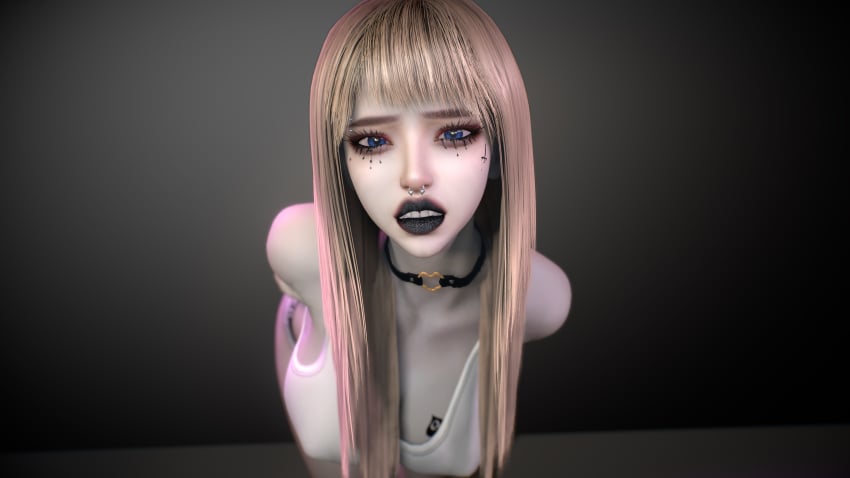 3d 3d_(artwork) arms_behind_back beauty_mark big_breasts black_lipstick blonde_hair blue_eyes bra breasts choker crashbanditkut cute_face eyebrow_piercing eyebrows eyelashes female female_focus fishnets fit_female goth_girl hair heart heart_choker heart_symbol lipstick long_hair makeup mole mole_under_eye nose_piercing pose queen_of_spades queen_of_spades_symbol queen_of_spades_tattoo shorts spade_tattoo standing tattoo tattoo_on_face teeth virt-a-mate virtamate