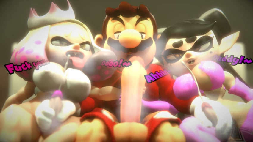 1boy 2futas 3d 3d_(artwork) balls big_penis black_hair breasts brown_hair callie_(splatoon) cephalopod cephalopod_humanoid crossover dialogue ejaculation erection facial_hair futanari genitals gigantic_penis gloves handjob hands_on_penis huge_cock human humanoid idiotboxangel large_penis light-skinned_male light_skin male male/futa mario mario_(series) moustache nintendo open_mouth pearl_(splatoon) penis penis_size_difference red_shirt red_shorts sitting splatoon squid squid_humanoid stroking_penis text tongue tongue_out white_gloves