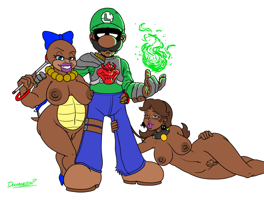 4:3 absurd_res anthro areola armor blue_eyes bracelet breasts brown_hair brown_skin clothed clothed_male clothing collar dark-skinned_female dark-skinned_male dark_skin doomington ear_piercing female fireball group hair hair_ribbon hairbow hat hi_res human jewelry koopa koopaling looking_at_viewer luigi magic male mammal mario_(series) necklace nintendo nipples nude nude_female piercing princess_daisy pubes pussy ribbons robinebra scalie signature simple_background spiked_collar spikes video_games wendy_o._koopa white_background wide_hips