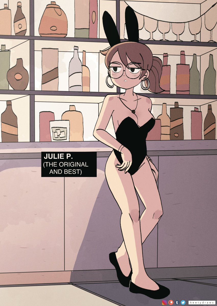 1girls bare_shoulders black_eyes blush brown_hair brown_nails bunny_ears bunnysuit earrings female glasses hoop_earrings julie_powers kt-draws light-skinned_female light_skin nail_polish necklace ponytail scott_pilgrim shoes short_hair solo solo_female wristband