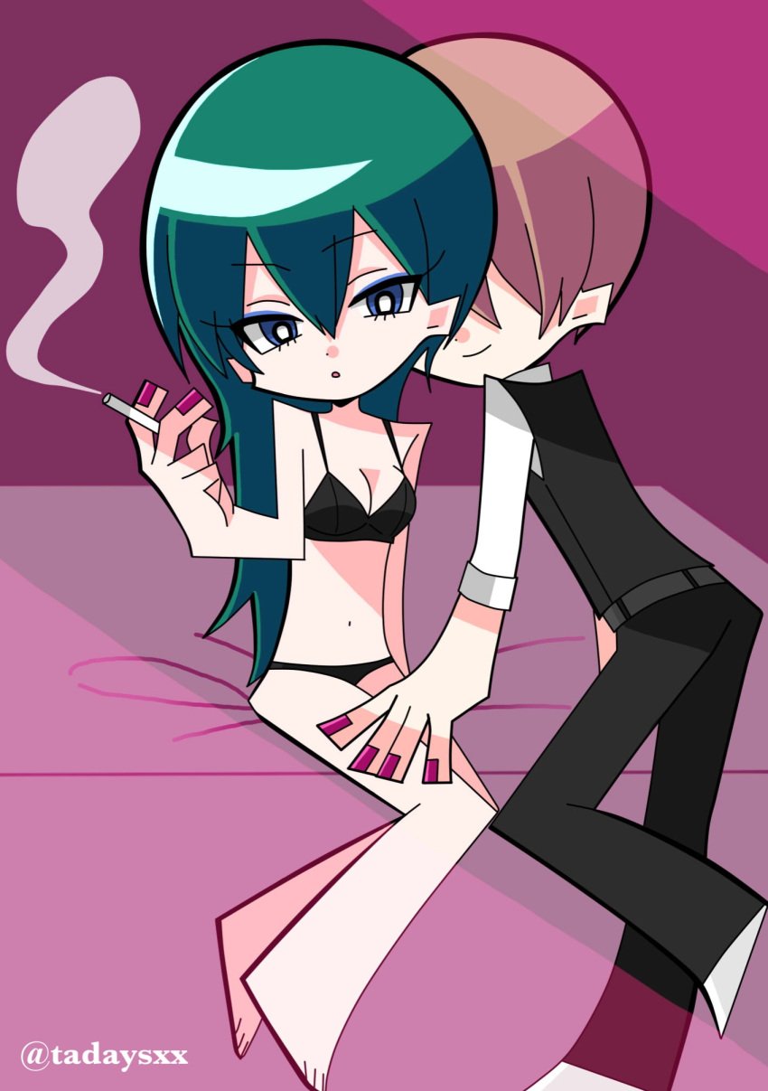 1boy 1girls barefoot black_bra black_panties blue_eyes bra cigarette cleavage dark_green_hair female full_body genderswap_(mtf) gintama green_hair hijikata_toshiro long_hair looking_at_viewer male nail_polish okita_sougo on_bed panties rule_63 sitting smile smoking style_parody tadaysxx