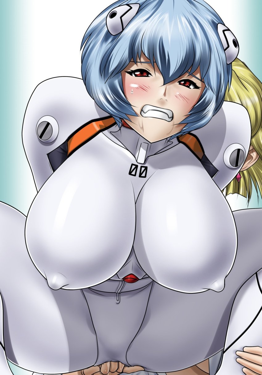 2girls arms_behind_back big_breasts blonde_hair blue_hair blush bodysuit breasts clenched_teeth clothing curvy earrings erect_nipples erect_nipples_under_clothes female fingering gainax highres hikawadou human interface_headset large_breasts legs looking_at_viewer multiple_girls neon_genesis_evangelion pale-skinned_female pale_skin pilot_suit plugsuit pussy_juice red_eyes rei_ayanami ritsuko_akagi short_hair simple_background solo_focus sweat thick_thighs thighs voluptuous wet wide_hips yuri