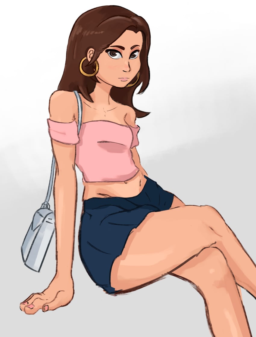 1girls 2d 2d_(artwork) areolae brown_hair clothed clothing crossed_legs digital_drawing_(artwork) earrings fanart female female_focus female_only legs_crossed light-skinned_female light_skin missy_(summertime_saga) nipples nude nude_female presenting presenting_breasts showing_off simple_background sketch skirt small_breasts summertime_saga white_background