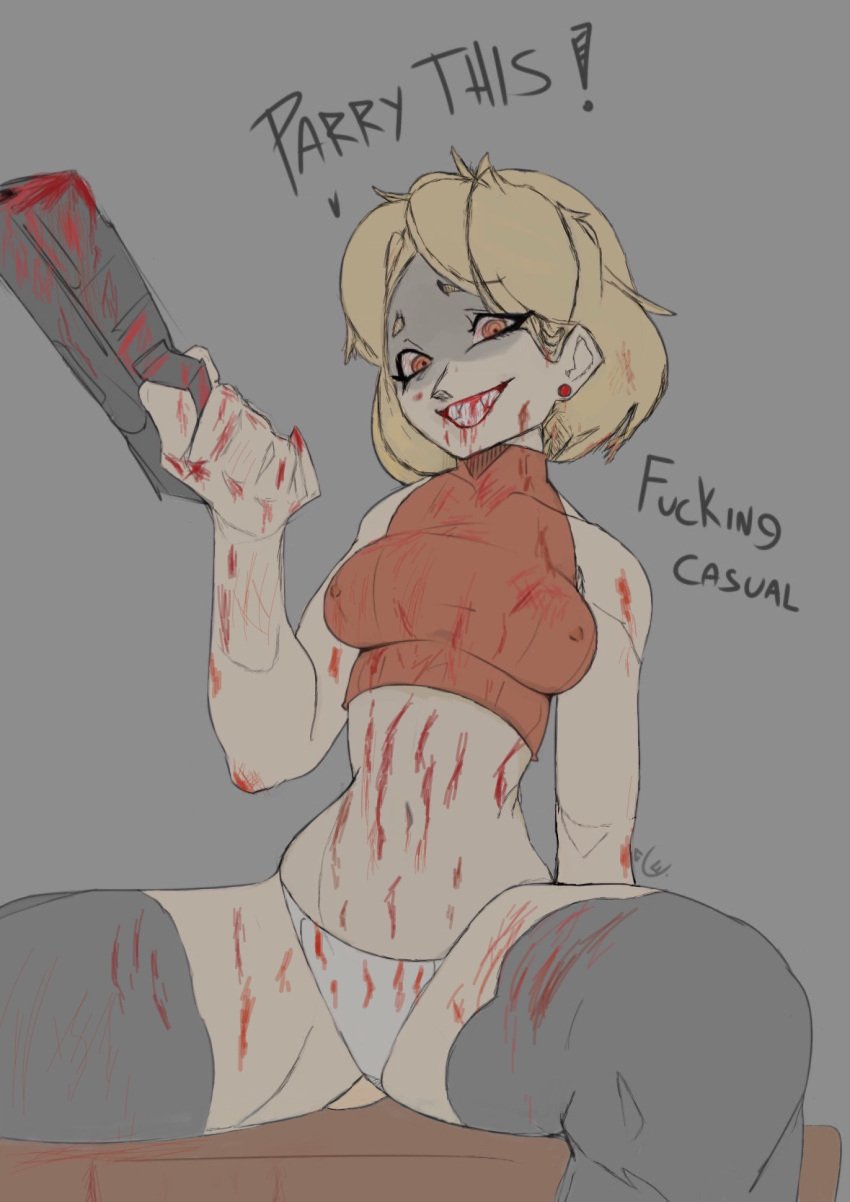 ashley_graham ashley_graham_(brooke_elizabeth_mathieson) blonde_hair blood blood_on_clothes blood_on_face caucasian colored covered_in_blood crazy_eyes crop_top female_only holding_weapon nipples_visible_through_clothing resident_evil resident_evil_4 sitting smiling solo_female thick_thighs thighhighs thighs trash_talk vampire white_panties