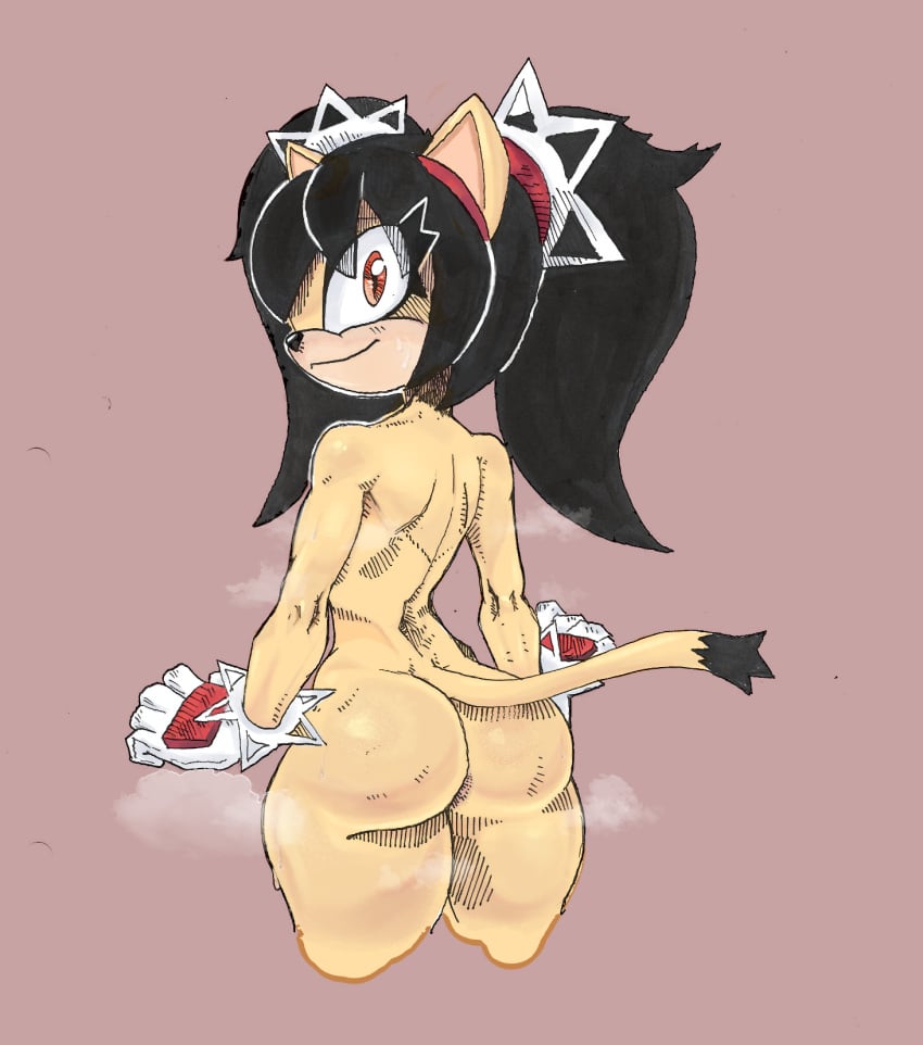 anthro ass big_butt black_hair bodily_fluids clothing colono domestic_cat felid feline felis female gloves handwear hi_res honey_the_cat mammal nude sega solo sonic_(series) sonic_the_fighters sonic_the_hedgehog_(series) sweat tail wide_hips