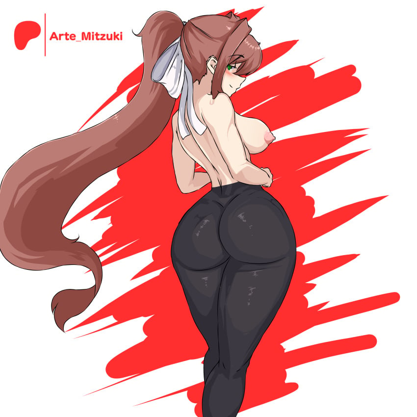 1girls ass big_ass big_boobs big_breasts big_butt black_yoga_pants boobs breasts butt doki_doki_literature_club female female_only green_eyes long_hair monika_(doki_doki_literature_club) nipples ponytail solo solo_female solo_only topless topless_female yoga_pants zeddarts