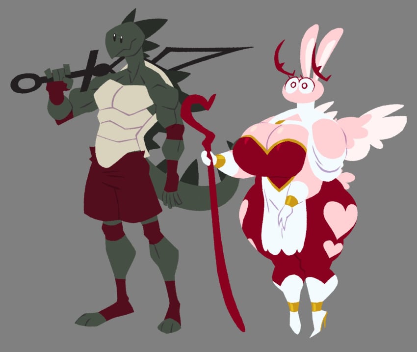 1boy 1girl 3_toes angel anthro bbw big_ass big_breasts breast_play breast_pull breasts bubble_butt bunny_girl captainmolasses character_sheet chubby_female cleavage dark_green_skin dot_eyes dragon dragon_tail dragon_turtle female fingerless_gloves furry furry_female gold_jewelry grey_background healer heart heart_pattern heels huge_ass huge_breasts kili_(lagonimbus) magic_wand male male/female mythological_creature mythological_scalie oc original_character pink_fur rabbit red_clothing rez_(capiain_molasses) scales scalie sfw shorts skinny_male sword tagme thick_thighs turtle turtle_shell wide_hips