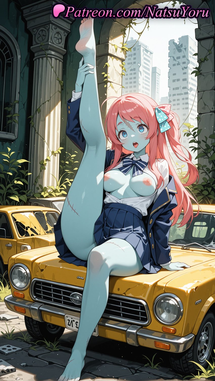 1girls 2025 ahoge ai ai_assisted ai_generated anime anime_style arm_support arm_up asian bangs bare_legs barefoot blazer blouse blue_bow blue_bowtie blue_eyes blue_jacket blue_skin blue_skirt blush bow bowtie breasts breasts_apart breasts_out breasts_outside broken_window building bust busty car collared_shirt colored_skin crack day feet female female_focus female_only foot_fetish full_body grey_skin ground_vehicle hair_ribbon hairbow hentai hi_res high_quality high_resolution highres indoors jacket large_breasts leg_lift leg_up legs long_hair long_sleeves looking_at_viewer medium_breasts minamoto_sakura miniskirt motor_vehicle natsuyoru nipples nipples_outside no_bra off_shoulder on_vehicle one_side_up open_clothes open_jacket open_mouth open_shirt outdoors overgrown pale_skin patreon pillar pink_hair plant pleated_skirt polka_dot polka_dot_bow polka_dot_ribbon red_hair ribbon ruins scar scar_on_face scar_on_forehead scar_on_neck school_uniform shirt sitting skirt soles solo solo_female split spread_legs stable_diffusion standing_on_one_leg striped_bow striped_bowtie teeth thighs toenails toes tongue tongue_out uncensored_nipples upper_teeth_only vagina vehicle_focus vines voluptuous voluptuous_female white_shirt zombie zombie_land_saga