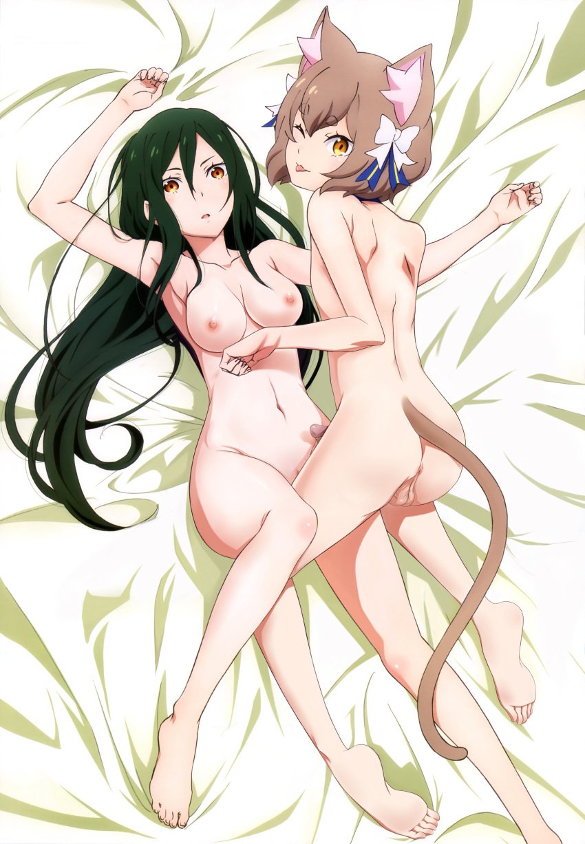 1boy 1girls animal_ears anus balls black_hair breasts brown_hair canon_couple crusch_karsten felix_argyle femboy girly iwata_keiko long_hair nekomimi nipples nude penis photoshop pussy re:zero_kara_hajimeru_isekai_seikatsu short_hair sissy tail thighs tongue tongue_out trap uncensored