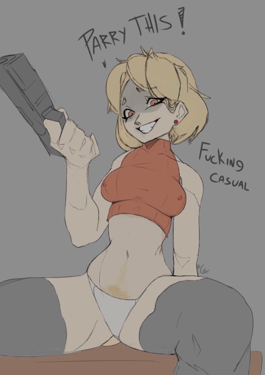 ashley_graham ashley_graham_(brooke_elizabeth_mathieson) blonde_hair blonde_pubic_hair bush caucasian colored crazy_eyes crop_top female_only happy_trail holding_weapon nipples_visible_through_clothing pubic_hair resident_evil resident_evil_4 sitting smiling solo_female thick_thighs thighhighs thighs trash_talk white_panties