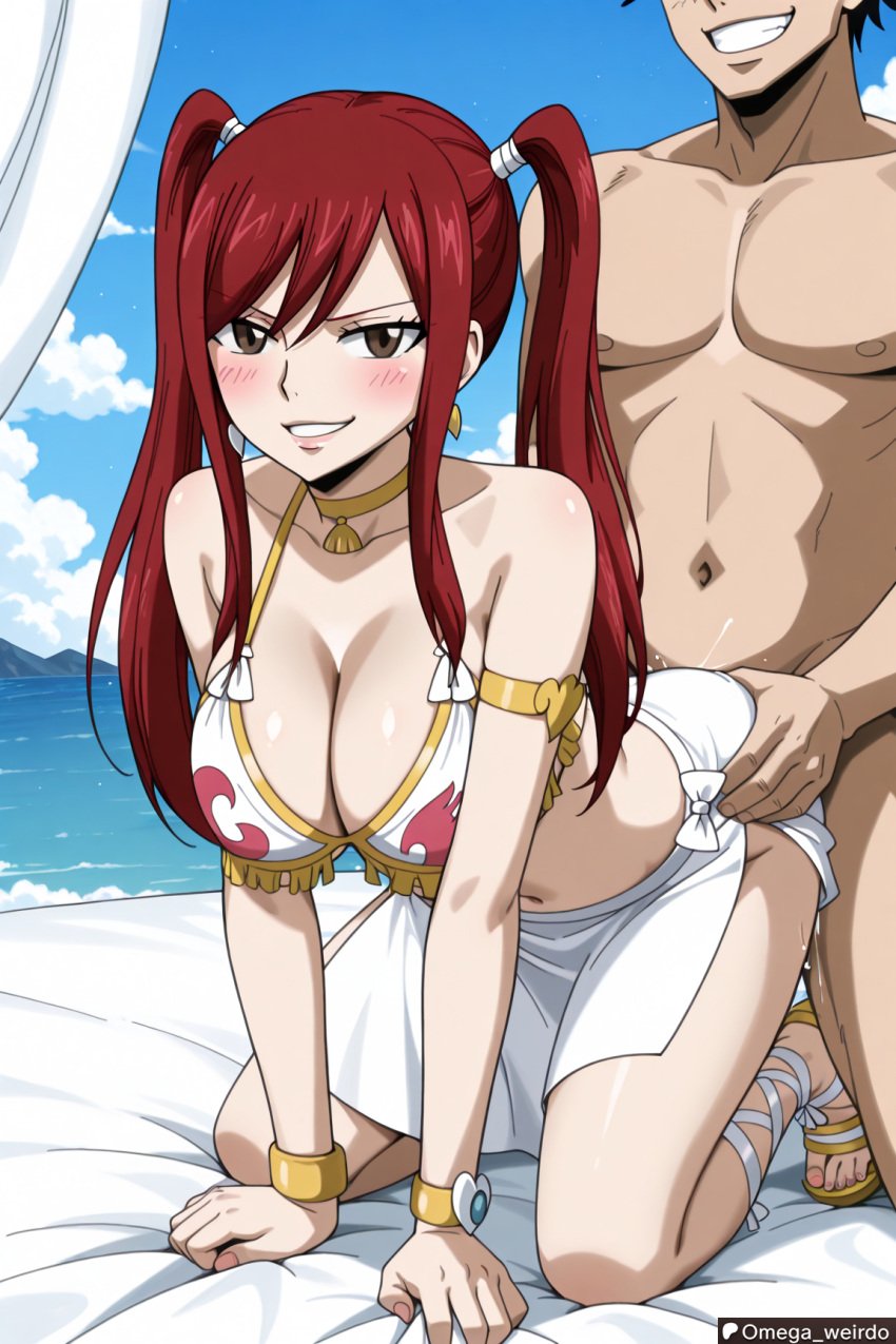 1girl1boy ai_generated beach bed big_breasts blush brown_eyes doggy doggy_style doggy_style doggy_style erza_scarlet fairy_tail female long_hair looking_at_viewer muscular_male naked naked_male omega_weirdo outside outside_sex patreon red_hair sandals sex smile smiling smiling_at_viewer taken_from_behind twintails