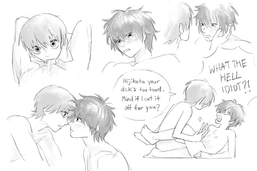 2boys blowjob blush completely_nude crazy_eyes creepy creepy_face cum_on_body cum_on_self dolphin_posting english_text fellatio gay gintama hijikata_toshiro looking_at_viewer male male_only monochrome nude okita_sougo oral skinny staring wide_eyed yaoi young