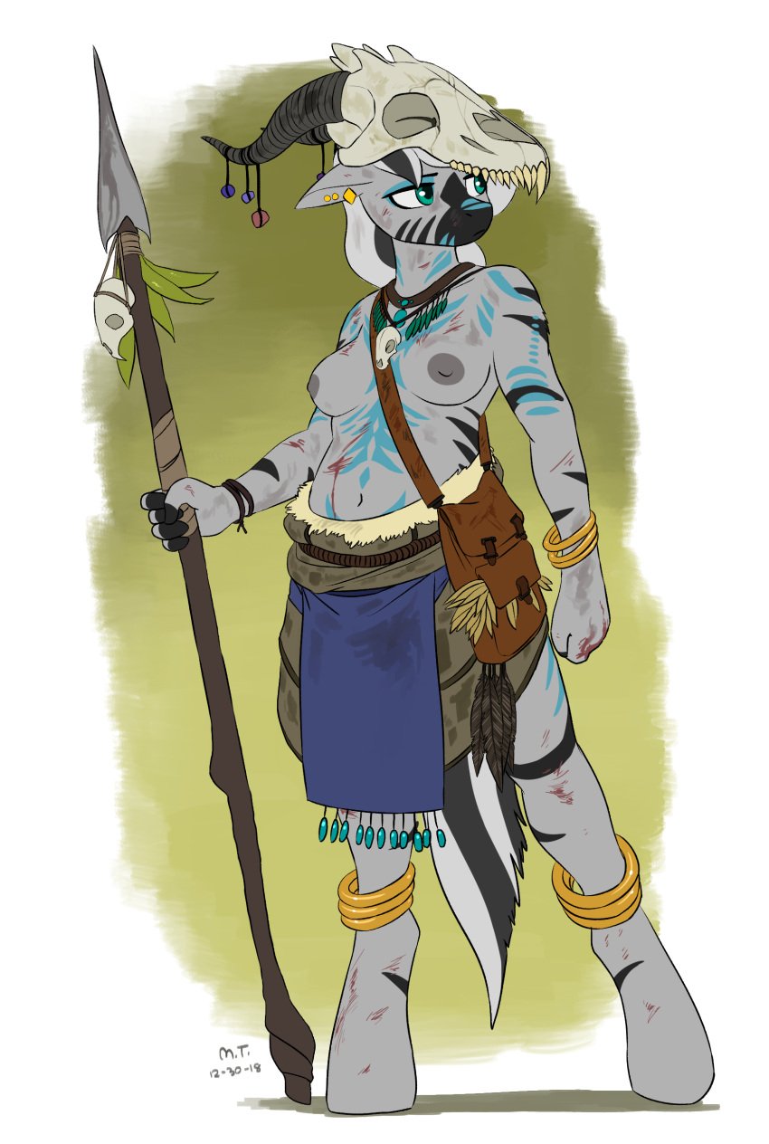 2018 absurd_res anklet anthro bag blood bodily_fluids bodypaint bone bracelet breasts clothed clothing digital_media_(artwork) ear_piercing equid equine facial_paint fan_character female friendship_is_magic green_eyes grey_hair hasbro hat headgear headwear hi_res holding_object holding_weapon hooves jewelry looking_aside loose_feather mammal melee_weapon my_little_pony navel necklace nipples partially_clothed piercing polearm simple_background skull solo spear standing the-minuscule-task topless tribal unguligrade_anthro weapon zebra