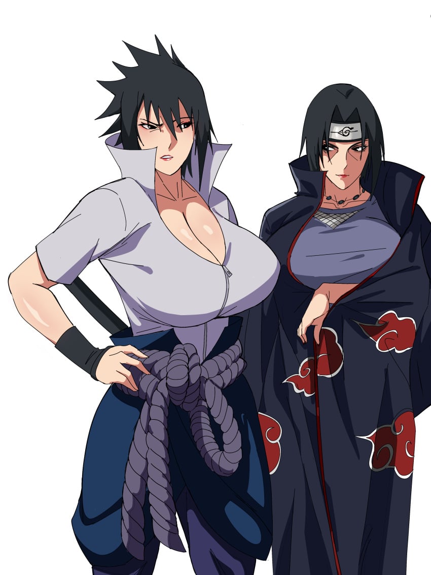 2girls airi_akura alternate_breast_size arm_under_breasts big_breasts black_hair breast_focus breast_size_difference breasts busty coat commentary forehead_protector gender_transformation genderswap_(mtf) hand_on_hip huge_breasts konohagakure_symbol kunoichi looking_at_another looking_at_breasts looking_at_partner multiple_girls naruto naruto_(series) naruto_shippuden necklace ninja no_bra plain_background rule_63 sasuke_uchiha sasuko sexy_no_jutsu shirt siblings simple_background sisters skirt staring staring_at_another staring_at_breasts sword top_heavy_breasts uchiha_itachi upper_body voluptuous watermark white_background