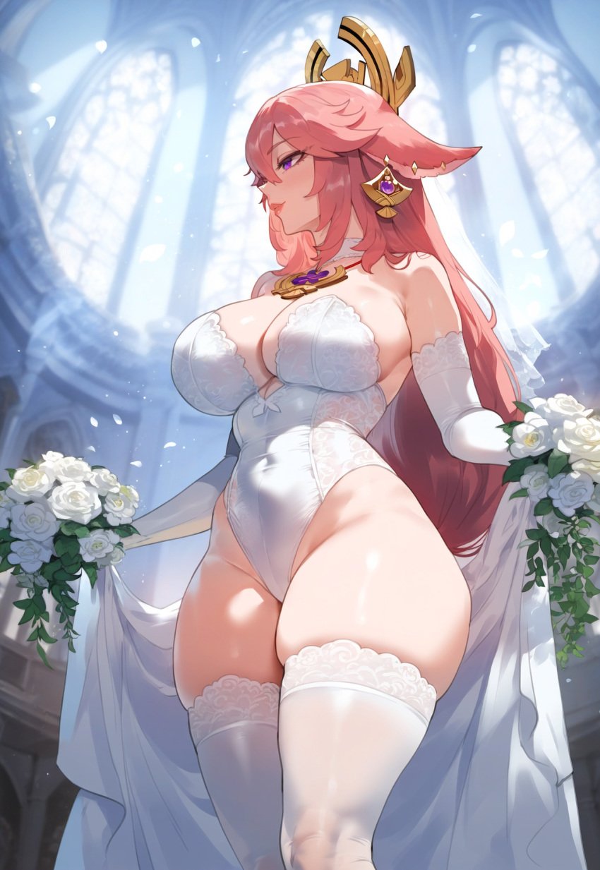 1girls ai_generated animal_ears arch bangs bare_shoulders blush bouquet breasts bridal_bouquet bridal_lingerie bridal_veil bride bunny_ears church cleavage closed_mouth clothing covered_navel cowboy_shot curtains curvaceous curvaceous_female curvaceous_figure curvy curvy_figure detached_collar detached_sleeves dress earrings elbow_gloves female female_focus female_only floppy_ears flower fox_ears gem genshin_impact gloves gold_earrings groin hair_between_eyes hair_flower hair_ornament headdress headwear highleg highleg_leotard holding holding_bouquet hoyoverse huge_breasts indoors inviting inviting_to_sex jewelry large_breasts legwear leotard lips long_hair looking_at_viewer looking_away looking_to_the_side mature_female miyuai navel parted_lips petals pink_hair presenting presenting_ass presenting_hindquarters presenting_self purple_eyes rose seductive seductive_look seductive_smile sidelocks skindentation smile solo standing strapless thick_thighs thighhighs thighs veil very_long_hair voluptuous voluptuous_female wedding_bouquet wedding_dress white_choker white_dress white_flower white_gloves white_legwear white_leotard white_rose white_thighhighs window yae_miko yae_miko_(genshin_impact)