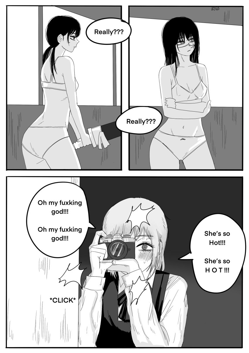 2girls bikini black_hair blush bra camera chainsaw_man comic english_text female_pervert mitaka_asa monochrome panties pervert scar_on_face stalker taking_picture text_bubble yoru_(chainsaw_man) yuri