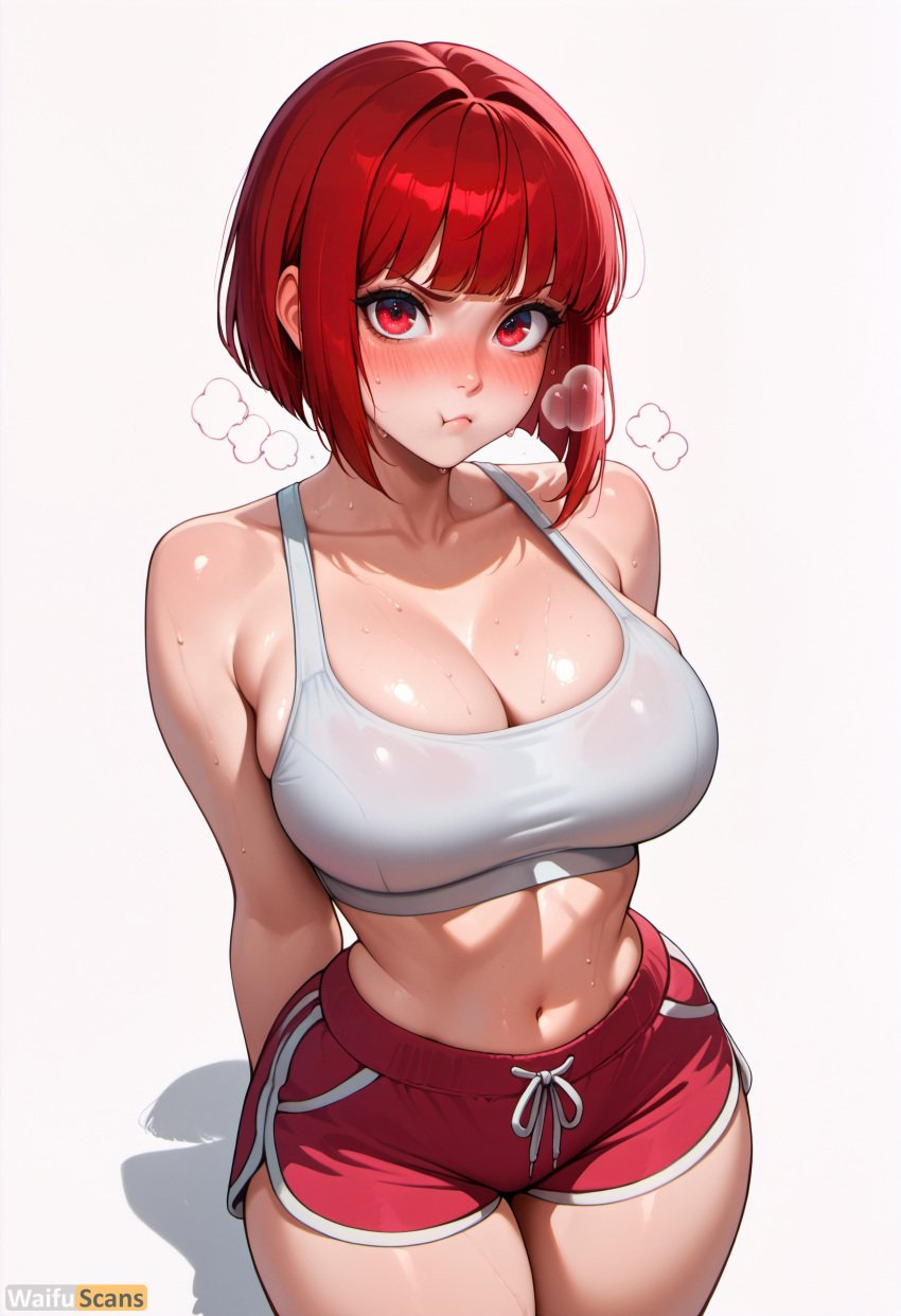 :t ai_generated arima_kana arms_behind_back bangs bare_shoulders blunt_bangs blush bob_cut breasts cleavage collarbone cowboy_shot female high_resolution highres large_breasts looking_at_viewer midriff navel oshi_no_ko pout red_eyes red_hair red_shorts shiny_skin short_hair short_shorts shorts simple_background solo sports_bra stable_diffusion sweat thighs waifuscans418 white_background