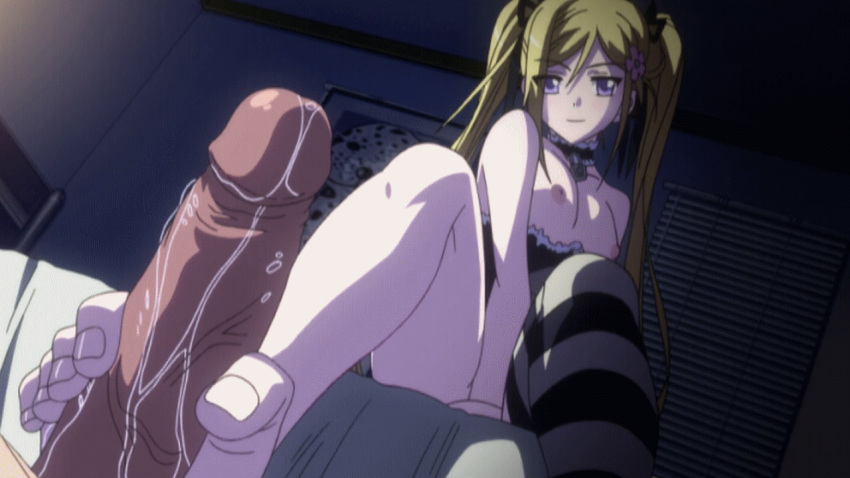 1boy animated animated_gif barefoot between_toes blonde_hair blue_eyes breasts collar feet female foot_fetish footjob kanojo_x_kanojo_x_kanojo orifushi_mafuyu penis shiki_haruomi small_breasts tied_hair toejob toes twintails uncensored