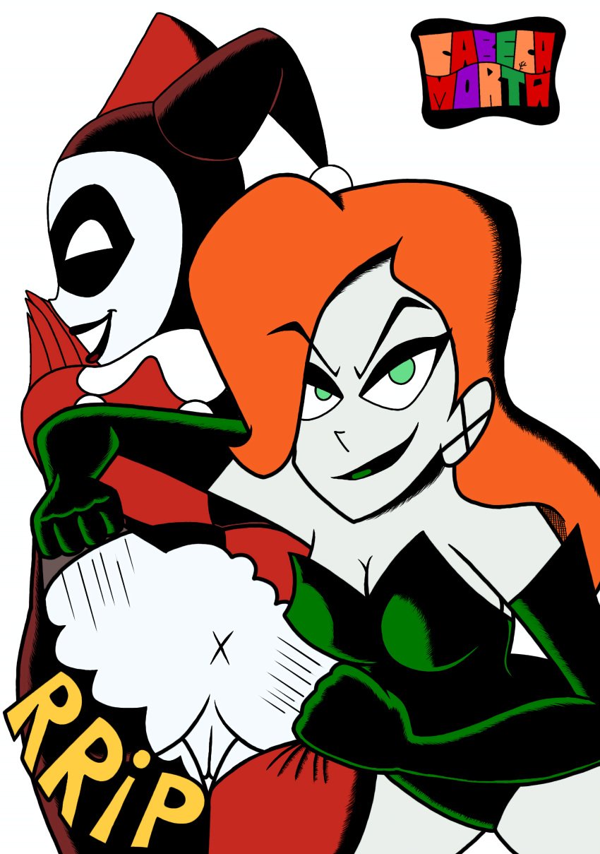 2girls batman_(series) black_lips dc_comics harley_quinn harley_quinn_(classic) headtalker77 poison_ivy red_hair tearing_clothes white_skin