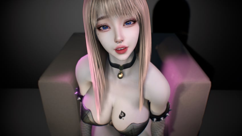 1girls 3d 3d_(artwork) beauty_mark big_breasts blonde_hair blue_eyes blurry blurry_background bowsette_(cosplay) breasts choker crashbanditkut cute_face eyebrow_piercing eyebrows eyelashes female female_focus fishnets hair lipstick long_hair mole mole_under_eye neckwear nose_piercing original original_character partially_clothed queen_of_spades queen_of_spades_symbol shadow sitting solo spade_tattoo spiked_bracelet spikes tattoo virt-a-mate virtamate