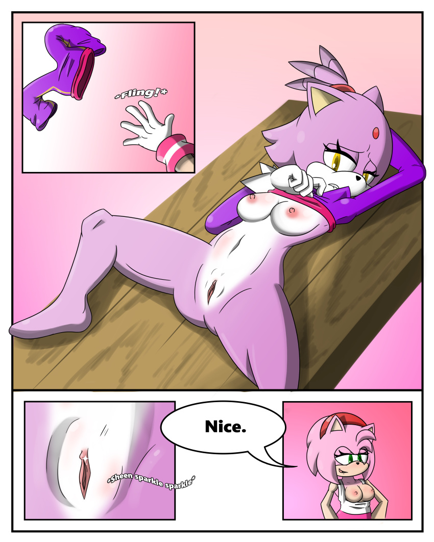 2girls amy_rose anthro blaze_the_cat bottomless breasts comic dialogue duo english_text feline female female_only fur furry green_eyes hedgehog mammal mario_and_sonic_at_the_olympic_games navel nipples part_of_a_set pink_fur pink_hair purple_fur pussy raised_shirt sandunky sega sonic_(series) sonic_the_hedgehog_(series) sports_uniform sportswear spread_legs spreading tagme text yellow_eyes yuri