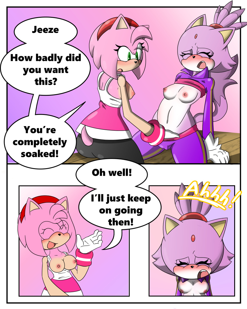 2girls amy_rose anthro blaze_the_cat blush breasts comic dialogue duo english_text feline female female_only fur furry green_eyes hand_in_pants hedgehog mammal mario_and_sonic_at_the_olympic_games navel nipples part_of_a_set pink_fur pink_hair purple_fur raised_shirt sandunky sega sex shirt sonic_(series) sonic_the_hedgehog_(series) sports_uniform sportswear tagme tank_top text yellow_eyes yuri