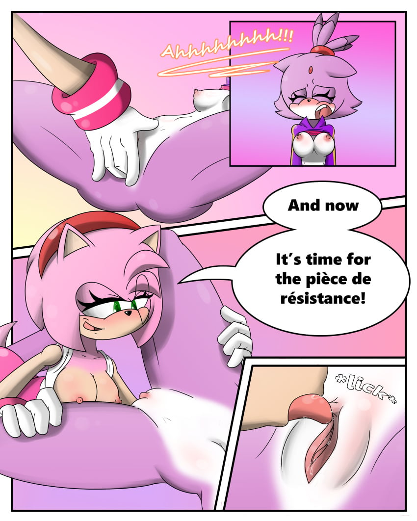 2girls amy_rose anthro blaze_the_cat blush bottomless breasts clitoral_stimulation clitoris clitoris_lick comic cunnilingus dialogue duo english_text feline female female_only fingering fur furry green_eyes hedgehog licking_clitoris mammal mario_and_sonic_at_the_olympic_games navel nipples oral part_of_a_set pink_fur pink_hair purple_fur pussy pussy_juice raised_shirt saliva sandunky sega sex sonic_(series) sonic_the_hedgehog_(series) sports_uniform sportswear tagme text vaginal_penetration yuri