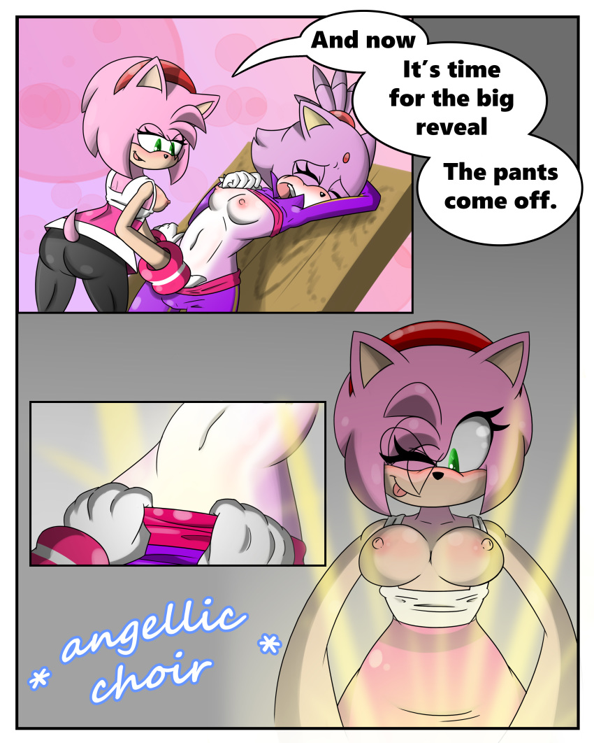 2girls amy_rose anthro blaze_the_cat blush breasts comic dialogue duo english_text feline female female_only fur furry green_eyes hedgehog mammal mario_and_sonic_at_the_olympic_games navel nipples one_eye_closed part_of_a_set pink_fur pink_hair purple_fur raised_shirt sandunky sega sonic_(series) sonic_the_hedgehog_(series) sports_uniform sportswear tagme text tongue tongue_out undressing yellow_eyes yuri