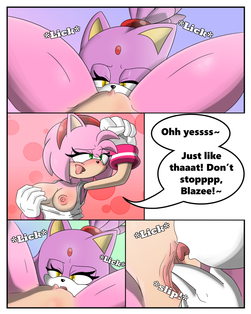 2girls amy_rose anthro blaze_the_cat color comic dialogue duo english_text feline female female_only furry furry_only hedgehog mammal mario_and_sonic_at_the_olympic_games part_of_a_set sandunky sega sonic_(series) sonic_the_hedgehog_(series) sports_uniform sportswear tagme text uncensored yuri