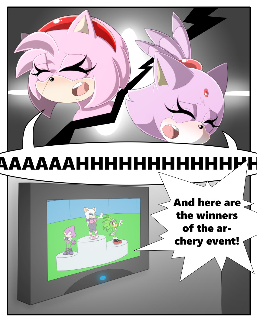 2girls amy_rose anthro blaze_the_cat blush comic dialogue duo english_text feline female female_only furry furry_only hedgehog mammal mario_and_sonic_at_the_olympic_games naked nude open_mouth part_of_a_set sandunky sega sonic_(series) sonic_the_hedgehog_(series) tagme text yuri