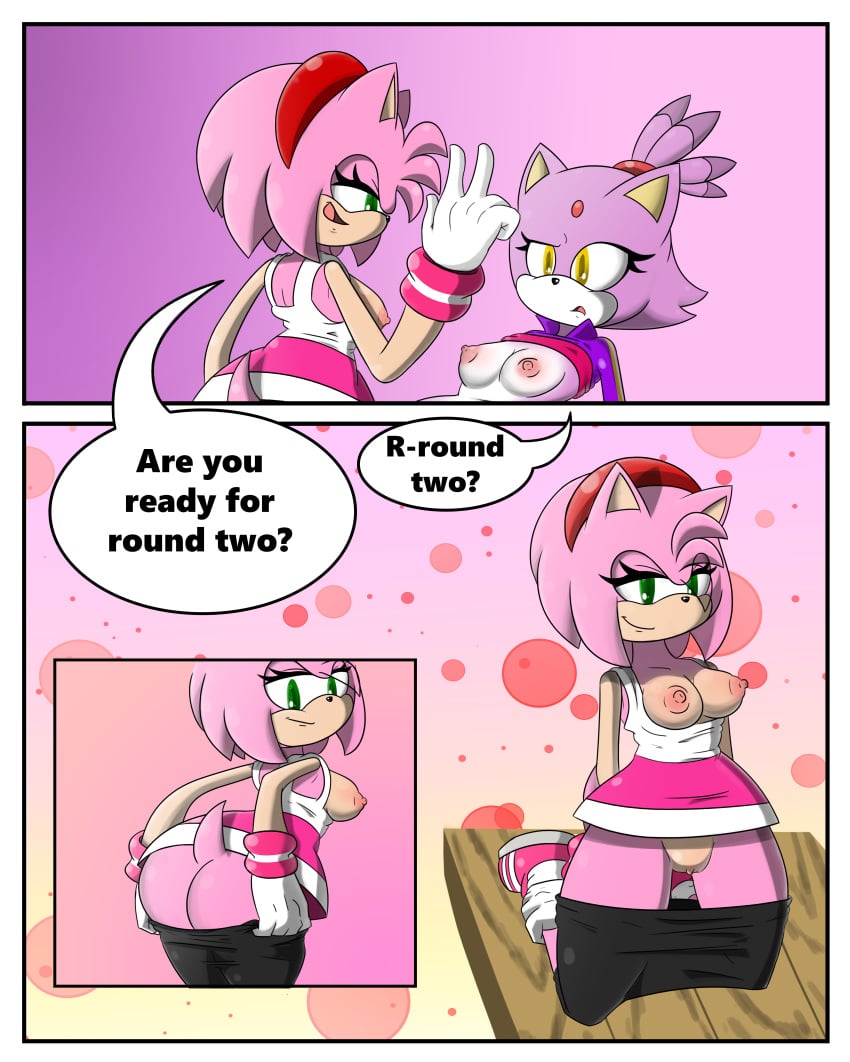 2girls amy_rose anthro blaze_the_cat blush breasts comic dialogue duo english_text feline female female_only fur furry green_eyes hedgehog mammal mario_and_sonic_at_the_olympic_games navel nipples part_of_a_set pink_fur pink_hair purple_fur pussy raised_shirt sandunky sega skirt sonic_(series) sonic_the_hedgehog_(series) sports_uniform sportswear tagme text undressing yellow_eyes yuri