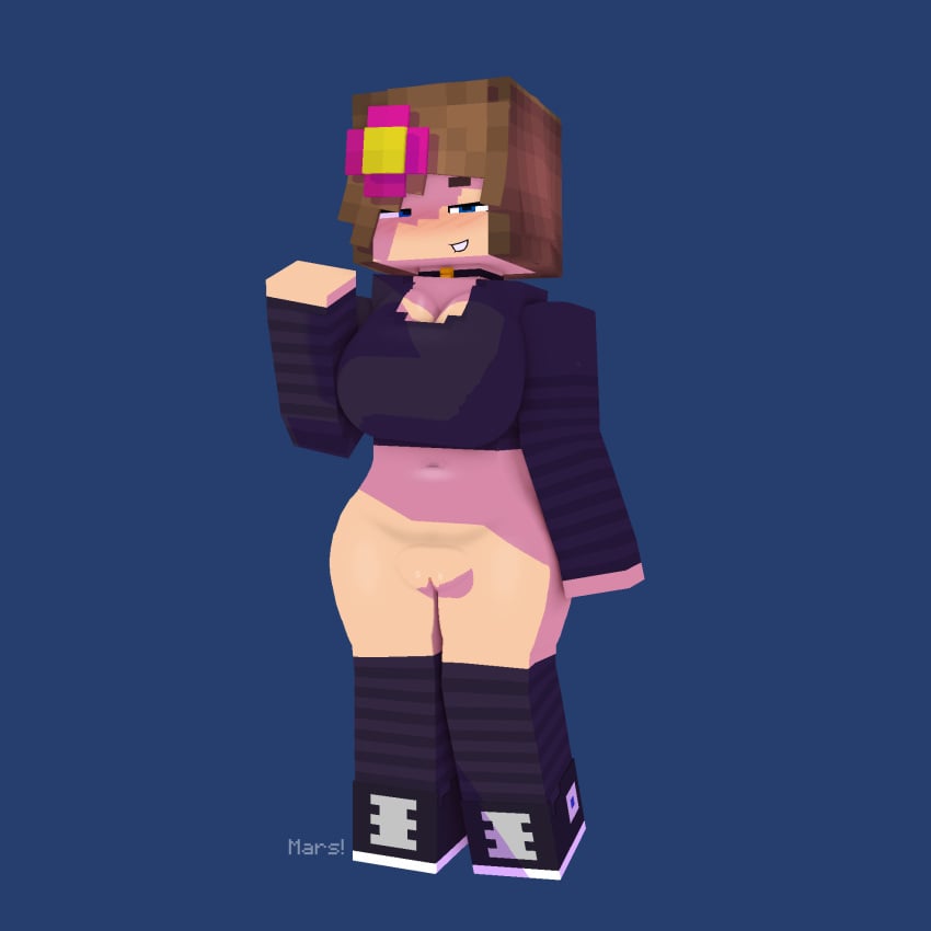 1female 1girls 3d bell_collar belly_button big_breasts blue_background blue_eyes blush blush_lines bottomless bottomless_female breasts brown_hair brown_hair_female cleavage collar crop_top curvaceous curvy curvy_female curvy_figure exposed_pussy female female_only flower_in_hair front_view hair_flower hair_ornament jenny_belle_(slipperyt) legwear light-skinned_female light_skin looking_at_viewer mcyt minecraft minecraft_youtubers neckwear no_pants pussy shaved_crotch shaved_pussy short_hair simple_background smile smiling smiling_at_viewer solid_color_background solo solo_female standing themars2005 twitch twitch.tv twitch_streamer twitter twitter_username vagina youtube youtuber youtubers