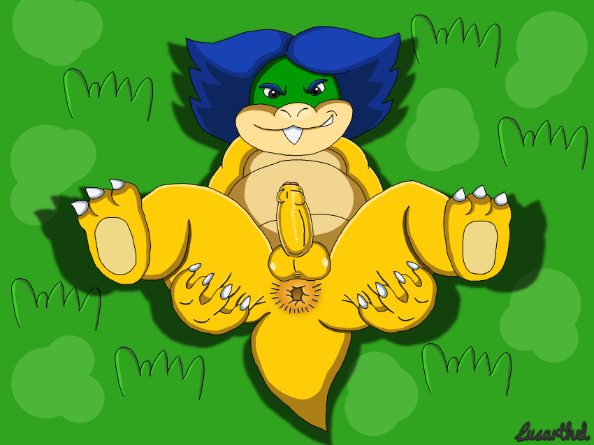 1boy 2016 animal_genitalia anthro anus ass balls claws erection evil_grin feet full_body grass green_background hair hi_res invalid_tag koopa koopaling looking_at_viewer ludwig_von_koopa lusarthel lying male male_only mario_(series) nintendo nude on_back on_grass penis presenting presenting_anus presenting_hindquarters scalie signature smile solo teeth testicles video_games