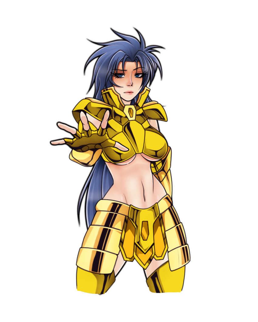 1girls armor belly blue_eyes blue_hair breasts cleavage female female_only fingerless_gloves gauntlets gemini_saga gloves hips jago_dibuja large_breasts legs long_hair navel rule_63 saint_seiya solo suit thighs underboob