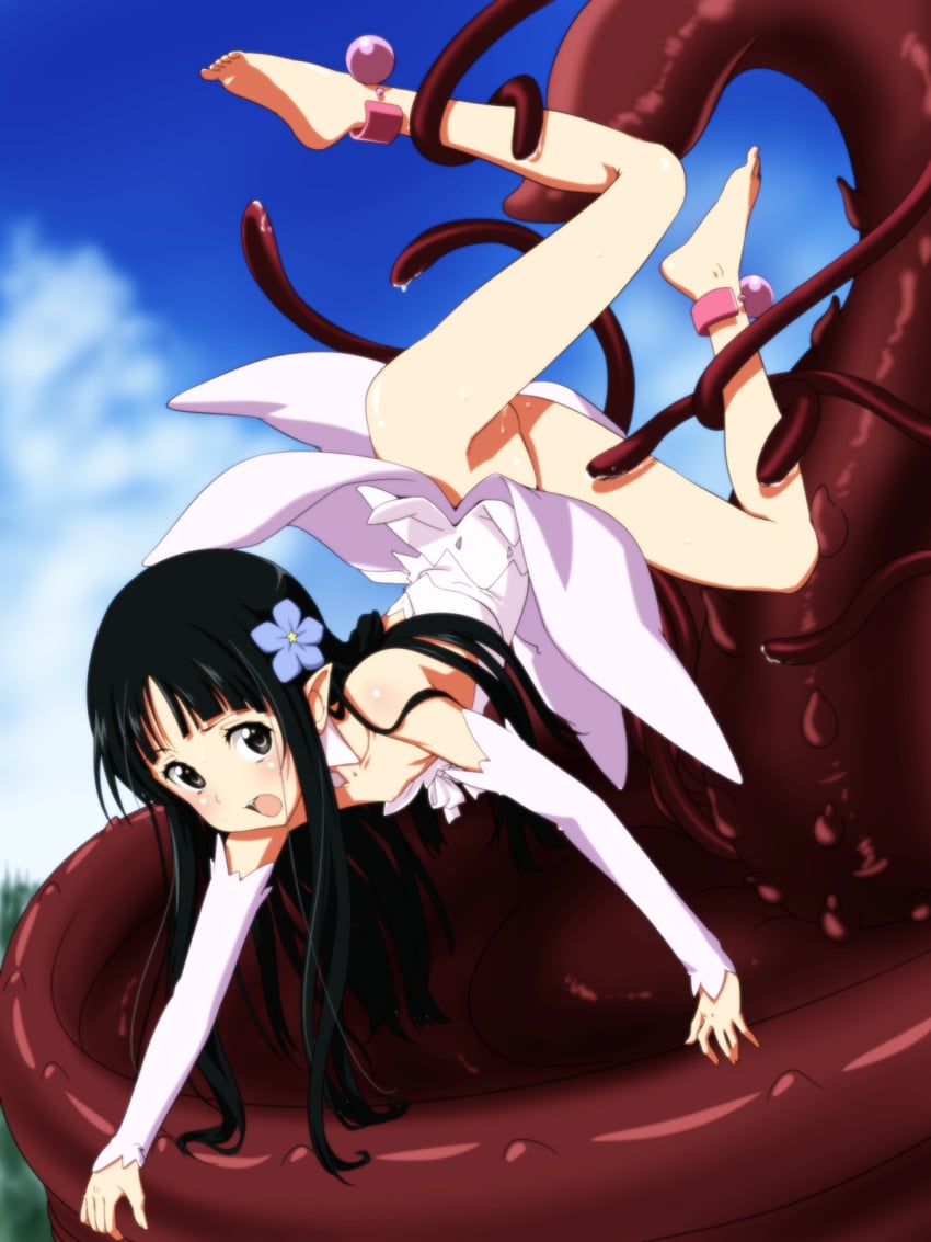 alfheim_online bare_shoulders black_eyes black_hair blush choker dress elbow_gloves fairy feet female flat_chest flower hair_flower highres kotobuki_hajime legs long_hair looking_back monster navigation_pixie no_panties open_mouth outdoors pointy_ears pussy_juice rape shaved_pussy sky sword_art_online sword_art_online:_fairy_dance tentacle thighs toes upside-down wet white_dress yui_(sao)